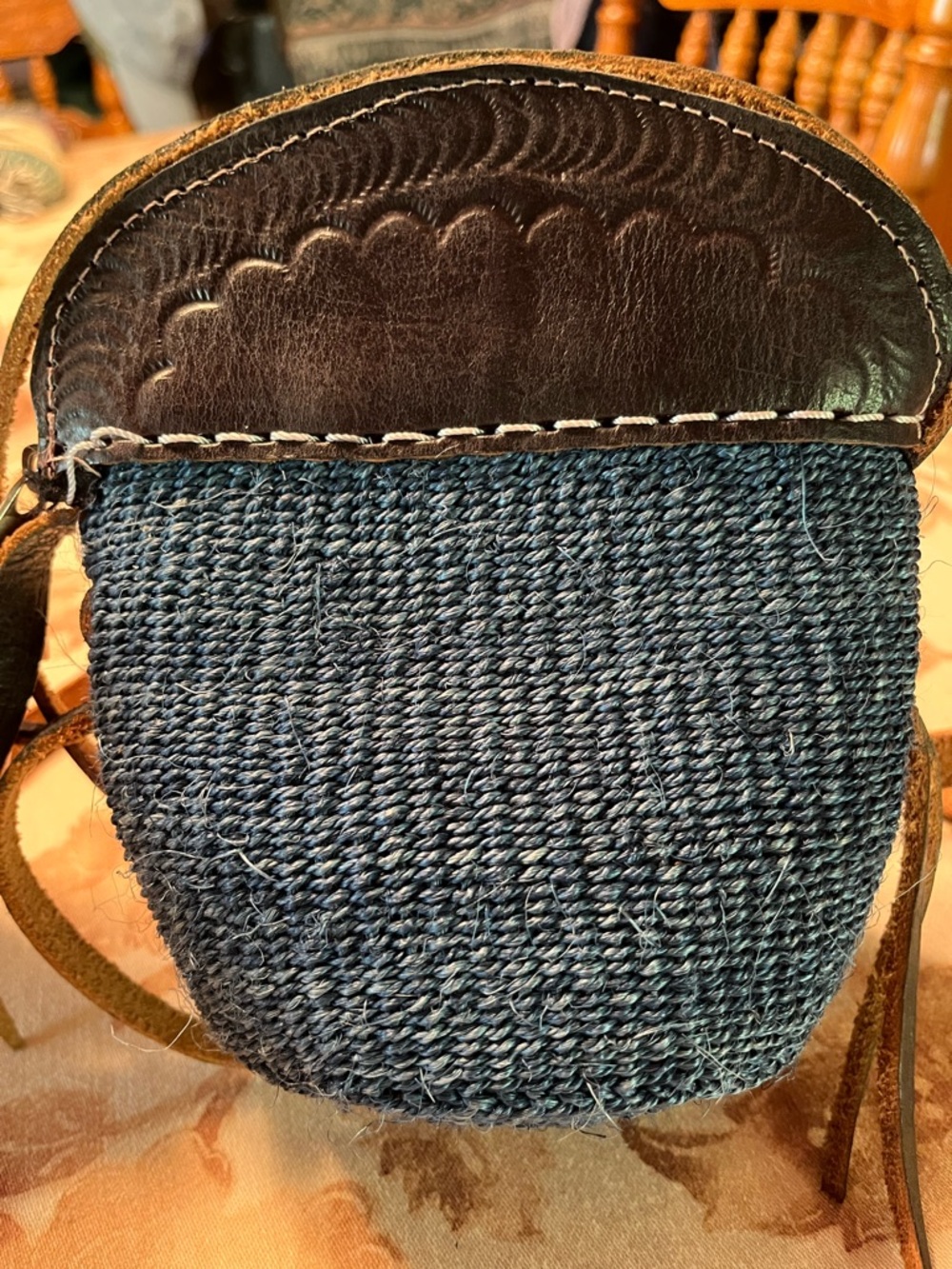 Handwoven Raffia & Tooled Leather Mini Crossbody